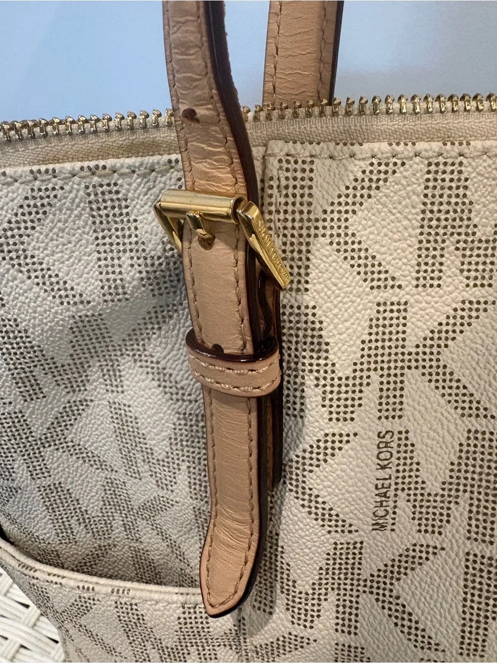 Michael Kors Beige Logo Jacquard Tote with Tan Leather Straps